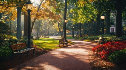 Obraz premium A scenic brick pathway runs through a beautiful green park