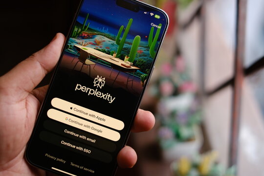 Delhi, India - March 16 2025 : Perplexity AI is a search engine that uses large language models (LLMs) to answer queries using sources from the web and cites links within the text response.