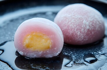 Pink Mochi With Creamy Yellow Filling Delightful Treat