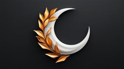 White Crescent Moon with Gold Leaf Wreath on Dark Background
