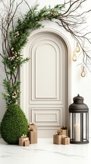 White Door Christmas Decor with Green Plants and Gifts