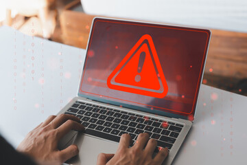 System hacked warning alert on laptop. error 404 alerts on a laptop, caution of spam in website digital Cyber attack on computer network, Virus, Spyware, Malware or Malicious software. Cyber security	