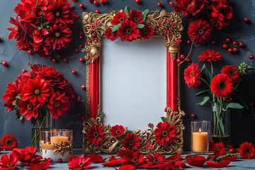 Scarlet Floral Picture Frame with Lavish Design Elements for Greetings and Celebrations