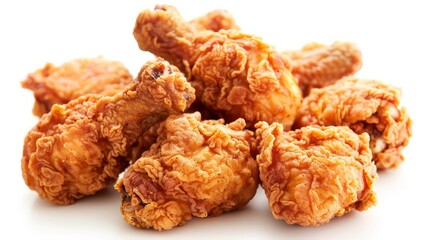 A close-up image of crispy, golden-fried chicken drumsticks piled together, ready to be served.
