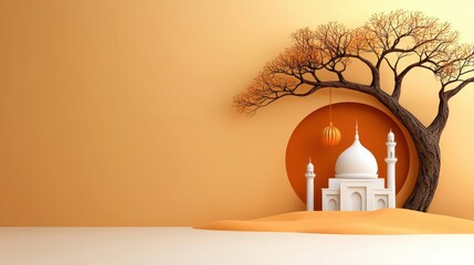 White Mosque in Orange Desert Sunset with Pixelated Tree