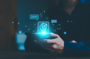 businessman using technology Global Internet connect Chatgpt conversation Chat with AI, Artificial Intelligence. using command prompt for generates something, Futuristic technology	
