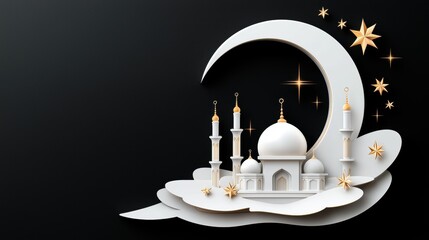 White Papercut Mosque Under Crescent Moon and Stars