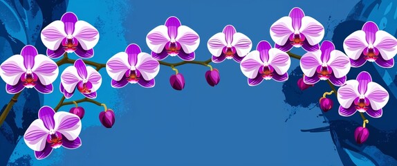 Naklejka premium orchid pattern on blue plain background digital abstract art work illustration design