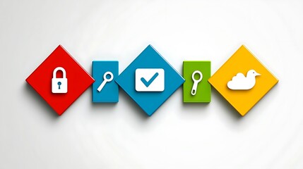Colorful squares with security, search, and verification icons.