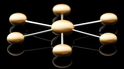 Gold spheres connected by metal rods on black reflective surface.