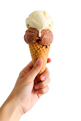 Hand holding a two  scoop ice cream cone with chocolate and vanilla   isolated on black background