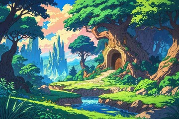Vibrant Anime Cartoon Style Illustration of Mythical Forest Scenery