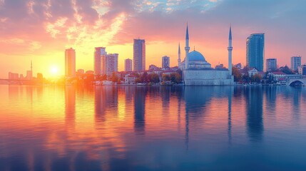 Obraz premium City skyline at sunrise, reflected in calm water. Mosque and modern buildings stand on the shore