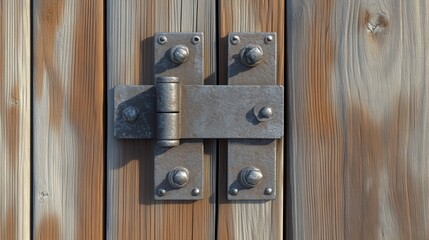 Rusty Metal Hinge on Weathered Wood Plank Fence Close Up View