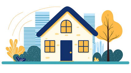 cozy house illustration surrounded by trees and buildings, perfect for design projects