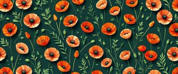 poppy pattern on green plain background digital abstract art work illustration design