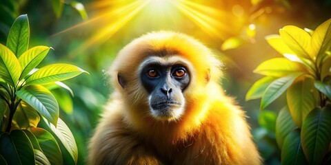 Obraz premium Yellow-Cheeked Gibbon Double Exposure Jungle Canopy Stock Photo