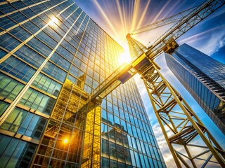 Yellow Crane Construction, Glass Skyscraper, Sun Glare Reflection, Cityscape, Drone Shot