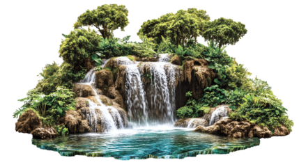 Cascading waterfalls in a lush green place, cut out. Isolated on a transparent background.