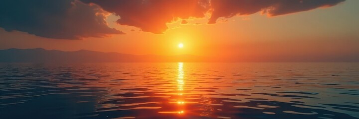 Fototapeta premium Golden sun dips below horizon, fiery reflection paints tranquil sea, nature, sea, evening