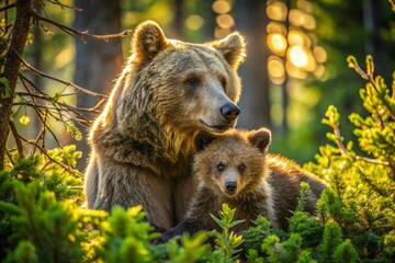 Fototapeta premium Yellowstone Grizzly Bear Cub and Mother - Wildlife Shelter in Wyoming
