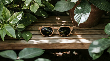 Wooden sunglasses on wooden bench, lush green foliage background. Lifestyle product photography