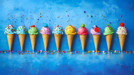 Colorful ice cream cones with sprinkles on blue background