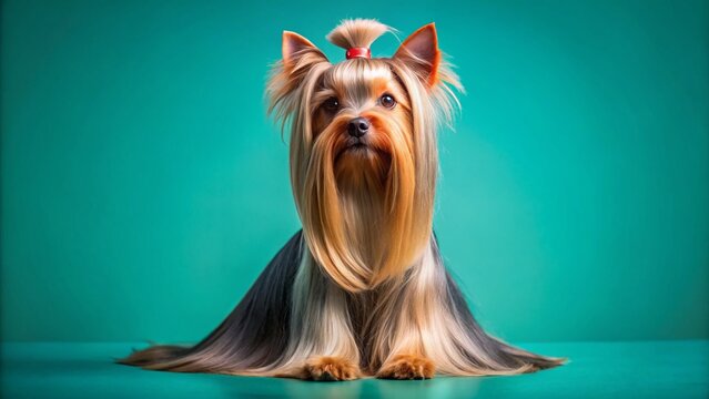 Yorkshire Terrier Grooming: Long-haired Puppy Posing on Turquoise
