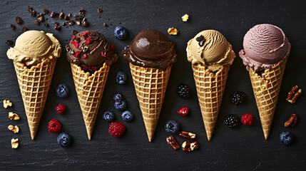 Five ice cream cones with berries, nuts. Food photography for menu or blog