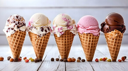 Five ice cream scoops in cones, on wooden table. Food photography for menu