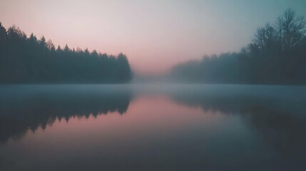 Fototapeta premium Misty sunrise over calm lake reflecting trees