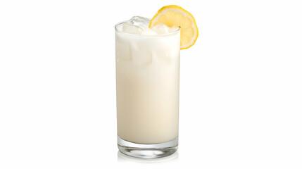 Refreshing lemonade drink, ice, lemon slice, white background, summer beverage