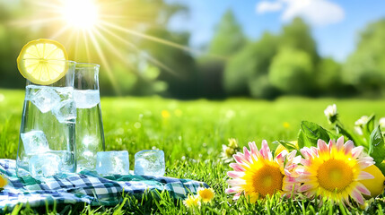 Refreshing iced lemon water outdoors, sunny park picnic