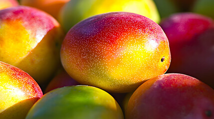 Ripe mangoes, close-up, sunlight, market stall
