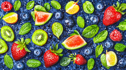 Summer fruit flatlay berries, watermelon, kiwi. Food photography for recipe blogs