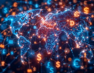 Obraz premium Digital World Map with Currency Symbols