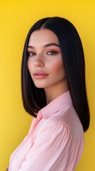 Fototapeta premium A young woman with sleek straight hair on yellow background