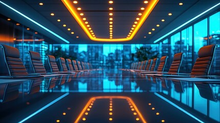 Fototapeta premium Modern conference room with neon lights and city view reflecting on the table