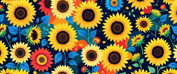 sunflower pattern on colorful plain background digital abstract art work illustration design