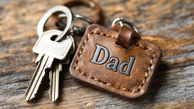 Vintage Leather Keychain with Dad Tag on Rustic Wooden Surface