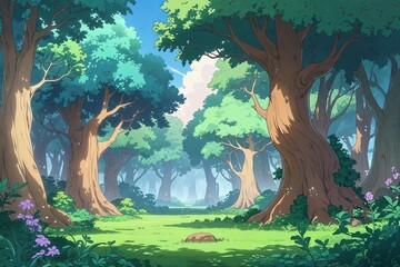 Anime Themed Cartoon Fantasy Forest with Tranquil Trees and Creative Nature Elements