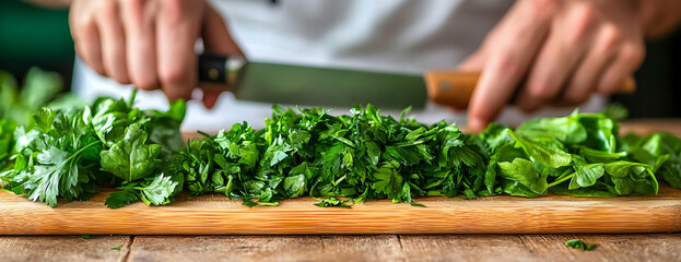 Chef chopping parsley, kitchen, wood. Food prep