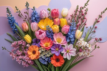 Obraz premium Vibrant Spring Flower Bouquet on Soft Pastel Backdrop with Text Area