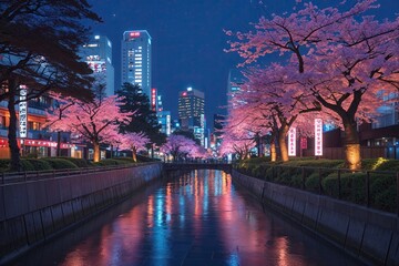 Fototapeta premium Enchanting Japanese Cityscape with Neon Lights and Cherry Blossom Beauty at Dusk