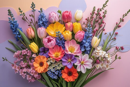 Vibrant Spring Flower Bouquet on Soft Pastel Backdrop with Text Area