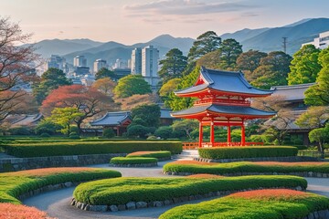 Obraz premium Enchanting Urban Park Landscape in Japan's Lush Green Spaces