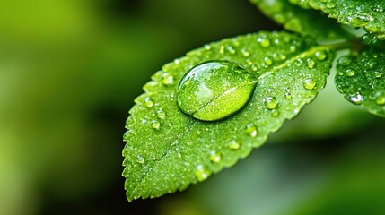 Close-up of a Water Droplet Resting on a Fresh Green Leaf