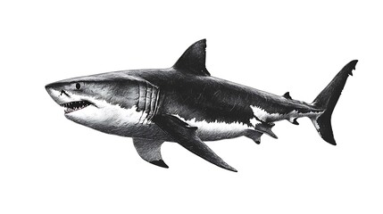 Great white shark illustration, side profile, isolated on white.