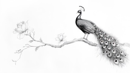 Elegant peacock perched on a magnolia branch, detailed pencil sketch © titik