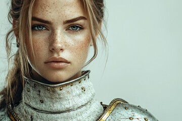 Caucasian woman in medieval armor. Portrait of young female warrior with freckles. Historical reenactment, fantasy concept. Religious crusader, Joan of Arc inspired image.